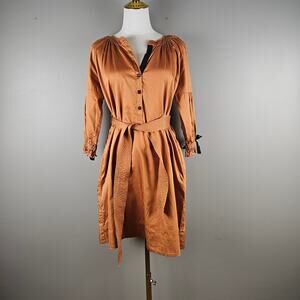 Marc Cain Rust Midi Dress Belted Poet Sleeve Boho Cottagecore Autumn Chic